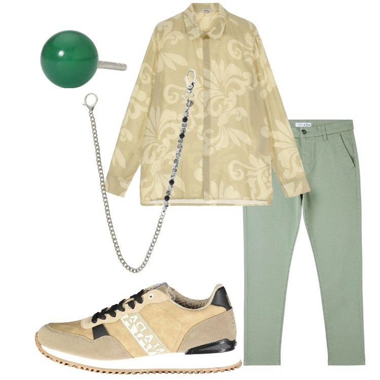 Outfit uomo - Verde salvia + tonalità sabbia. Stile Casual per Tutti i giorni. Abbinamento con pantaloni skinny, orecchini, camicie, collane, scarpe sportive.