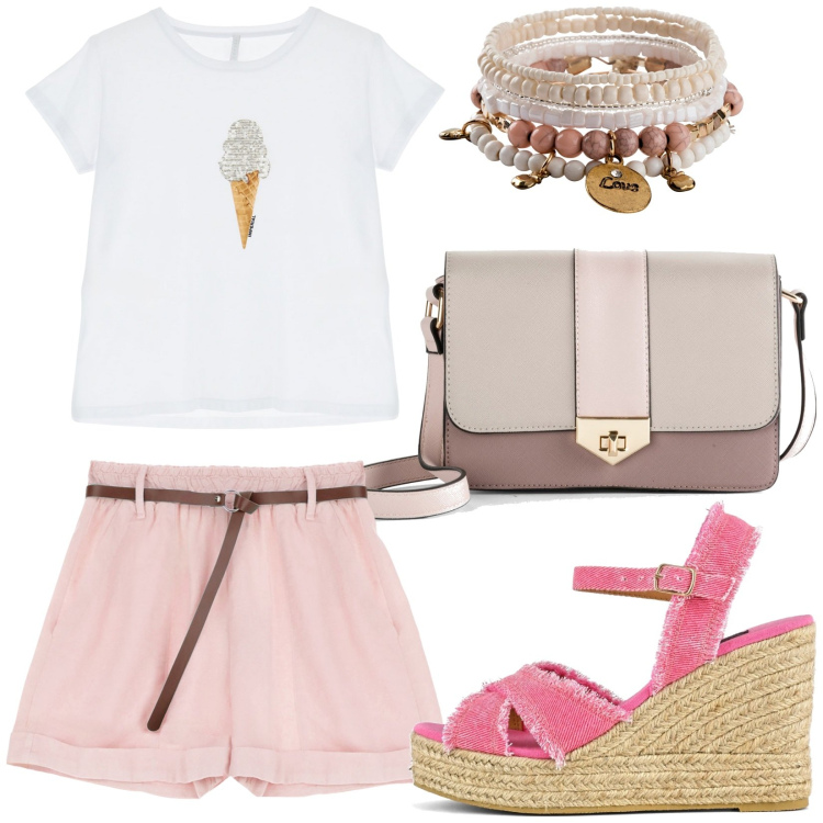 Outfit donna - Caldo pomeriggio estivo. Stile Trendy per Tutti i giorni. Abbinamento con braccialetti, borse a tracolla, shorts, t-shirt, sandali col tacco.