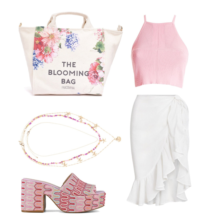 Outfit donna - Fiori estivi. Stile Glamour per Tutti i giorni. Abbinamento con ciondoli, borse tote, top, gonne, sabot.