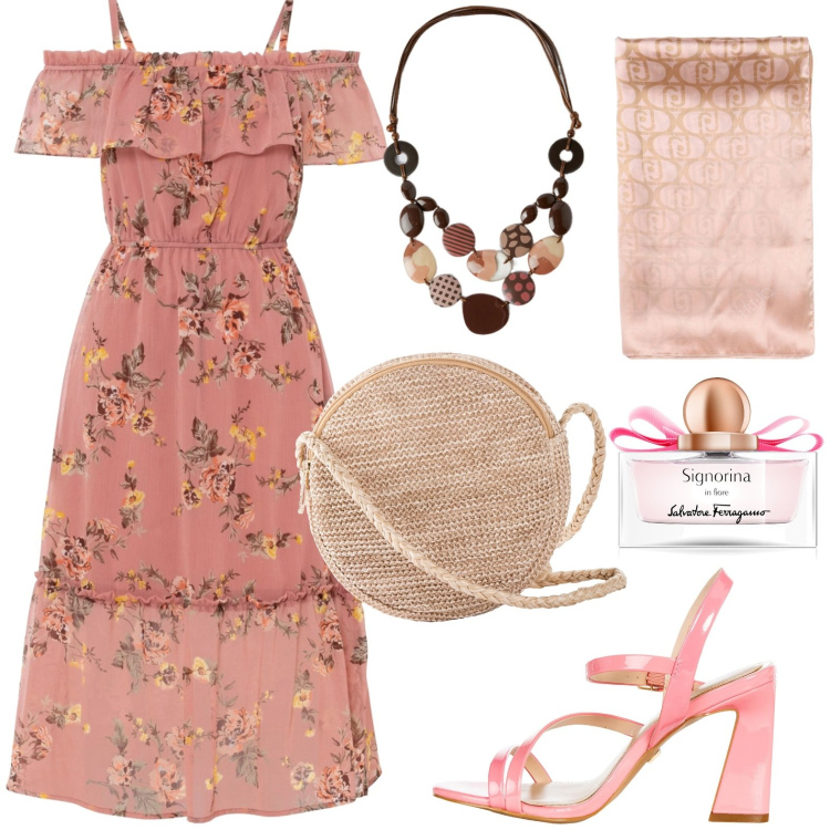 Outfit donna - Total look #1935963. Stile Casual chic per Tutti i giorni. Abbinamento con borse a tracolla, vestiti, profumi, sandali in pelle, sciarpe, collane.