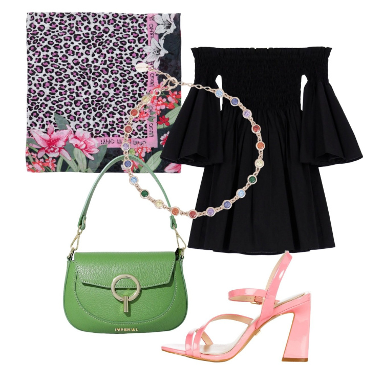 Outfit donna - I colori dell\'estate. Stile Romantica per Serata fuori. Abbinamento con braccialetti, sandali in pelle, vestiti corti, borse a spalla, sciarpe.