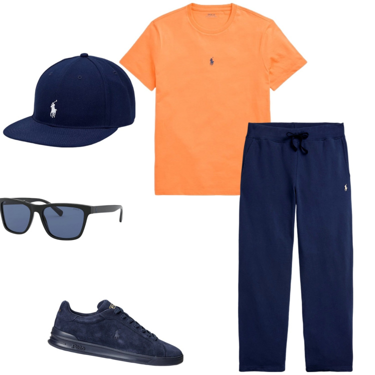 Outfit uomo - Total Polo. Stile Casual per Tutti i giorni. Abbinamento con pantaloni, cappelli, sneakers, occhiali da sole, t-shirt.