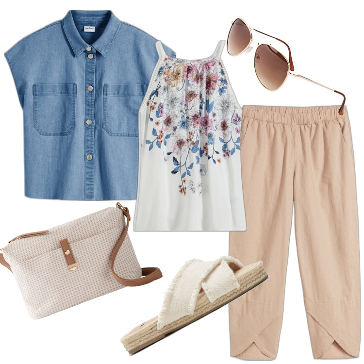 Outfit donna - Total look #1935992. Stile Casual per Tutti i giorni. Abbinamento con ciabatte, occhiali da sole, pantaloni, top, camicie, borse a tracolla.