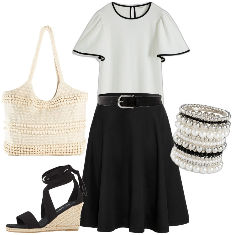 Outfit donna - Bonprix. Stile Casual chic per Tutti i giorni. look ideale per Petite. Abbinamento con gonne, cinture, braccialetti, shopping bag, vestiti, sandali.