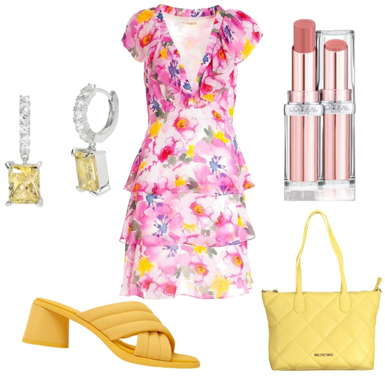 Outfit donna - Apericena in giardino. Stile Romantica per Serata fuori. Abbinamento con rossetti, orecchini, vestiti senza maniche, sandali in pelle, borse a spalla.