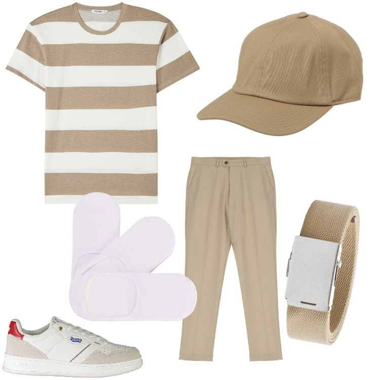 Outfit uomo - Come sabbia. Stile Casual per Tutti i giorni. Abbinamento con t-shirt, cinture, calzini, pantaloni, cappelli, sneakers.