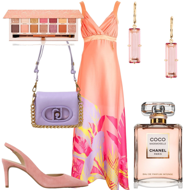 Outfit donna - Cerimonia. Stile Chic per Cerimonia. Abbinamento con profumi, ombretti, vestiti lunghi, orecchini, scarpe col tacco, borse a spalla.