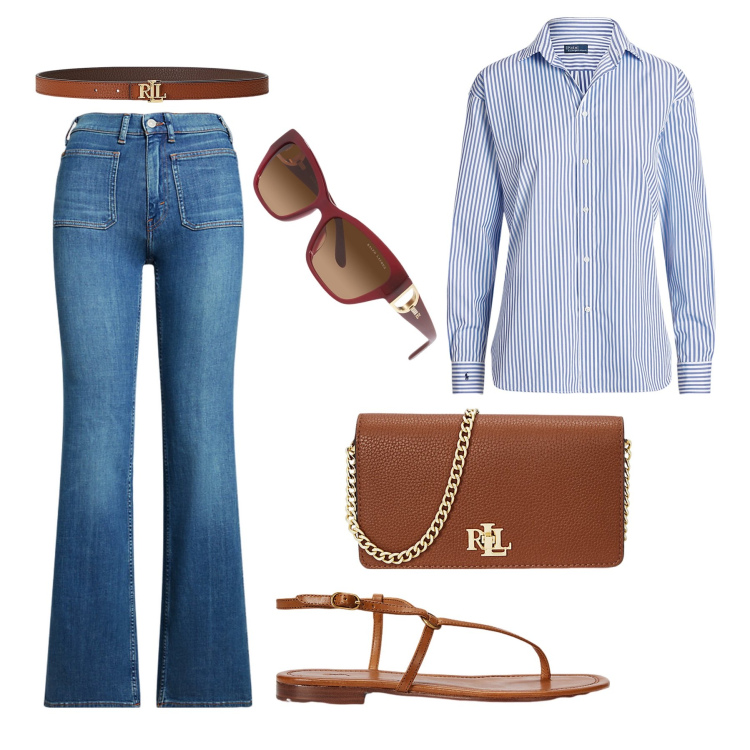 Outfit donna - Lauren: sportiva e comoda con classe. Stile Casual chic per Tutti i giorni. Abbinamento con sandali in pelle, cinture, camicie, jeans bootcut, occhiali da sole, borse a mano.