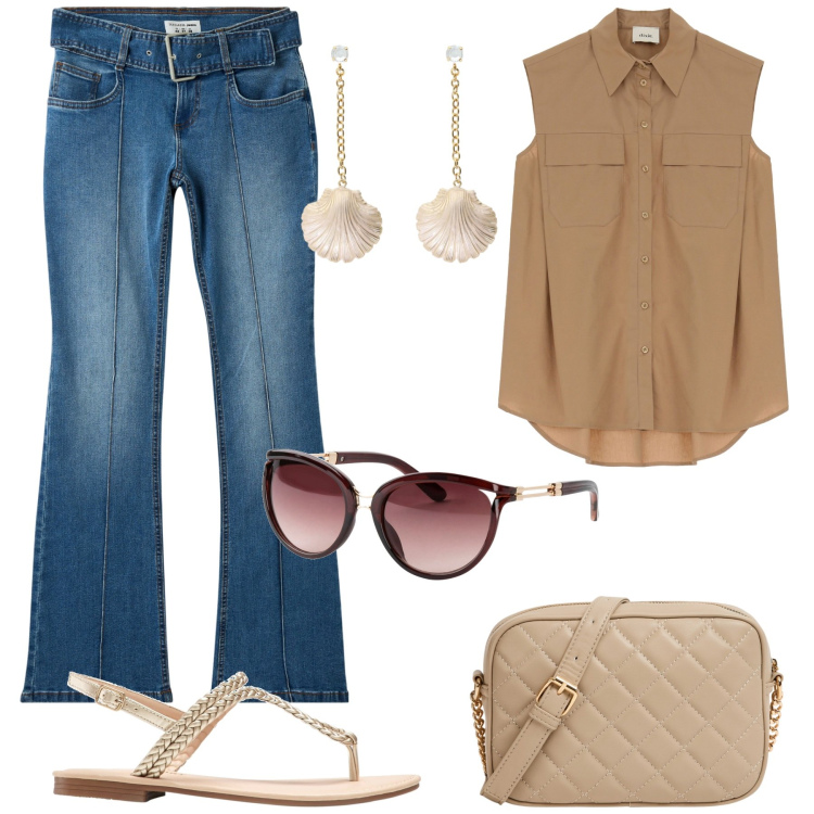 Outfit donna - Accessori estivi. Stile Casual per Tutti i giorni. Abbinamento con ciabatte, occhiali da sole, borse a tracolla, jeans a zampa, camicie, orecchini.