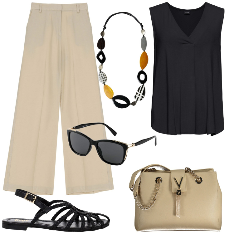 Outfit donna - Accessori estivi. Stile Casual per Tutti i giorni. Abbinamento con top, occhiali da sole, pantaloni a palazzo, sandali, borse a spalla, collane.