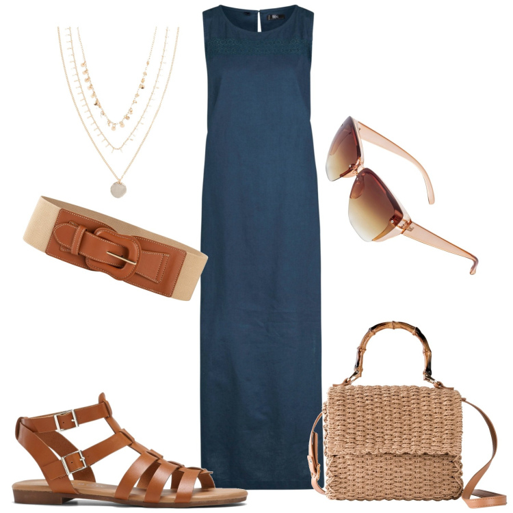 Outfit donna - Summer Essentials. Stile Basic per Tutti i giorni. Abbinamento con vestiti lunghi, collane, occhiali da sole, borse a mano, cinture, sandali.