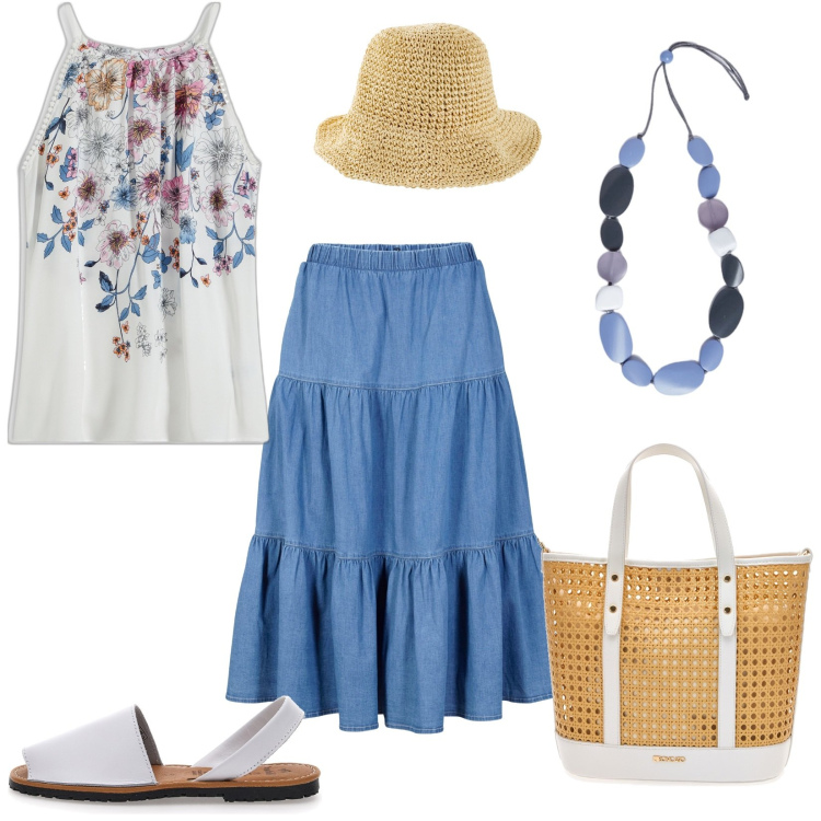 Outfit donna - Festa di compleanno in giardino. Stile Boho per Serata fuori. Abbinamento con gonne longuette, cappelli, top, collane, sandali in pelle, borse a spalla.
