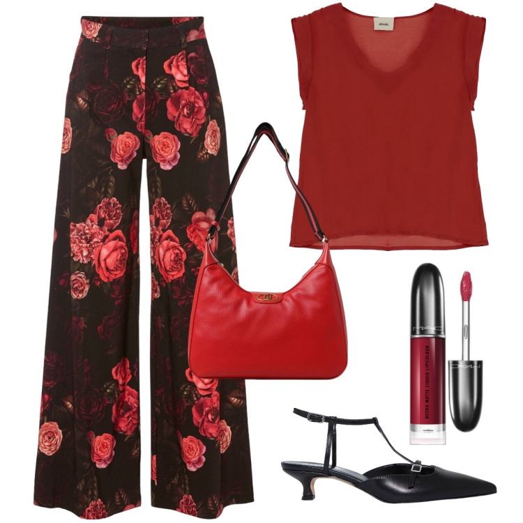 Outfit donna - Red rose. Stile Casual chic per Tutti i giorni. Abbinamento con pantaloni, rossetti, canottiere, sandali col tacco, borse a spalla.