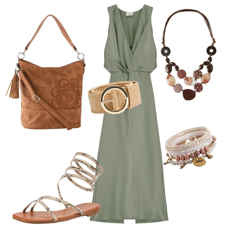 Outfit donna - Etnico. Stile Etnico per Tutti i giorni. Abbinamento con braccialetti, borse a mano, cinture, sandali, vestiti lunghi, collane.