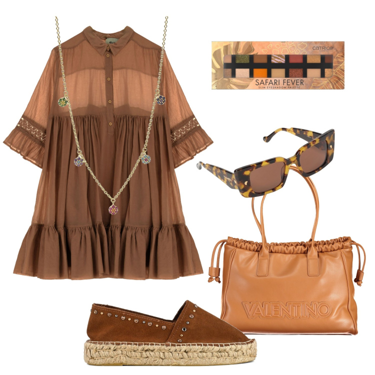 Outfit donna - Mischio boho ed etnico: effetto trendy !. Stile Trendy per Tutti i giorni. Abbinamento con ombretti, ciondoli, vestiti corti, borse a spalla, occhiali da sole, espadrillas.