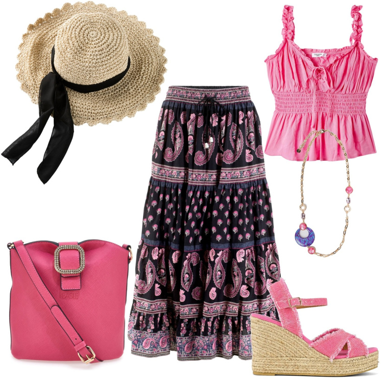 Outfit donna - Festa di compleanno in giardino. Stile Boho per Serata fuori. Abbinamento con gonne lunghe, cappelli, top, borse a tracolla, ciondoli, sandali col tacco.