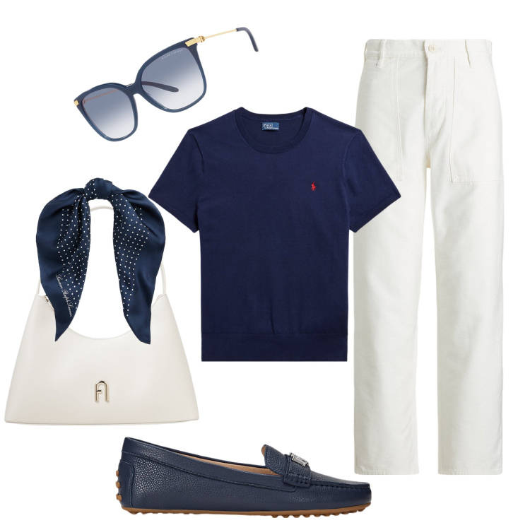 Outfit donna - Sportiva, pratica, ma attenta ai dettagli. Stile Casual chic per Tutti i giorni. Abbinamento con mocassini, pantaloni, t-shirt, foulard, occhiali da sole, borse a spalla.