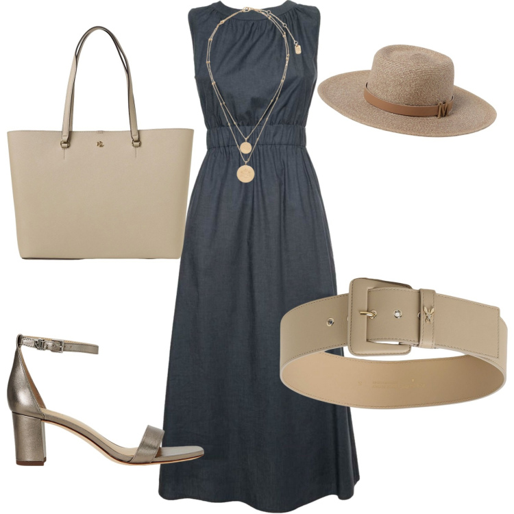 Outfit donna - Total look #1936084. Stile Bon Ton per Ufficio. Abbinamento con ciondoli, sandali in pelle, vestiti senza maniche, cappelli, cinture, borse tote.