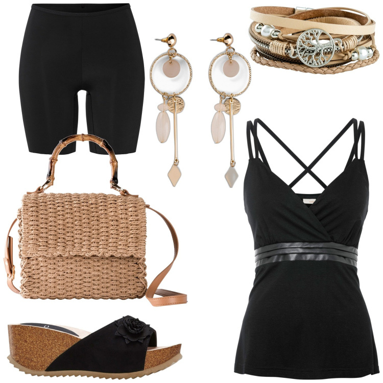 Outfit donna - Nero d\'estate. Stile Casual per Mare. Abbinamento con pantaloni corti, braccialetti, orecchini, top, borse a mano, sandali.