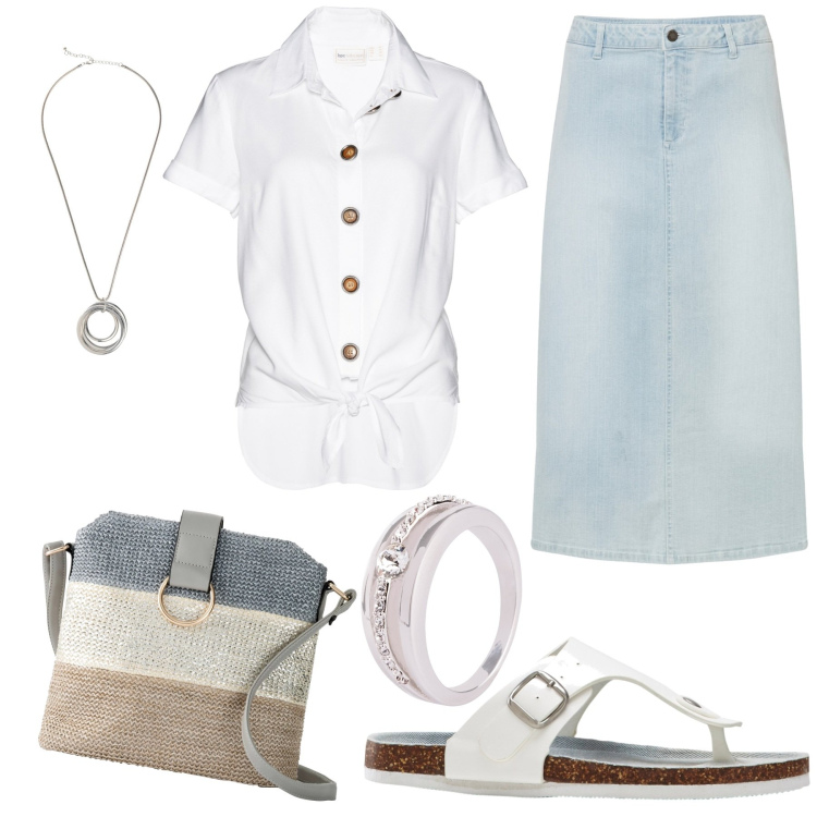 Outfit donna - Gonna in jeans. Stile Casual per Mare. Abbinamento con infradito, anelli, camicie, gonne longuette, borse a tracolla, collane.