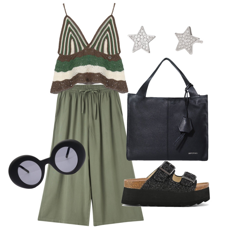 Outfit donna - Ghost outfitter - agosto. Stile Casual per Tutti i giorni. Abbinamento con pantaloni a palazzo, orecchini, top, borse a spalla, zeppe, occhiali da sole.