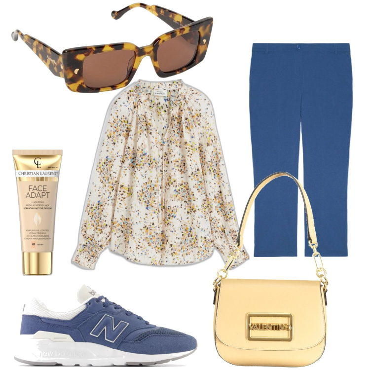 Outfit donna - La camicia fantasia. Stile Basic per Tutti i giorni. look ideale per Petite. Abbinamento con tuniche, fondotinta, sneakers, borse a spalla, pantaloni, occhiali da sole.