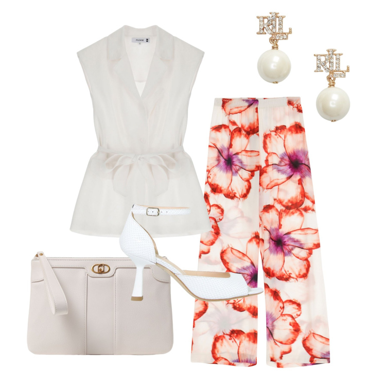 Outfit donna - Ghost outfitter - agosto. Stile Chic per Tutti i giorni. Abbinamento con reggiseni, gilet, pantaloni a palazzo, décolleté, orecchini, clutch.
