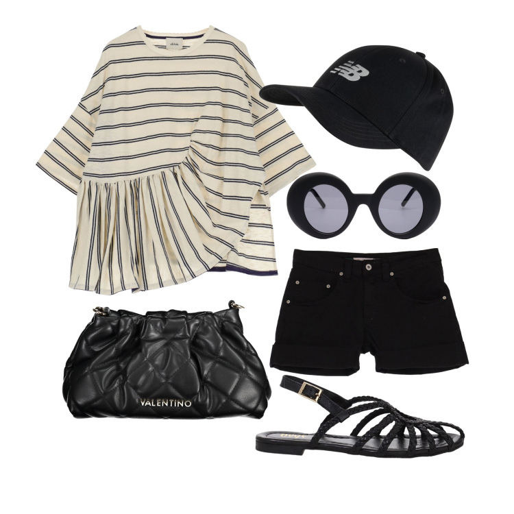 Outfit donna - Ghost outfitter - agosto. Stile Casual per Tutti i giorni. Abbinamento con cappelli con visiera, camicie, sandali, shorts, borse a mano, occhiali da sole.