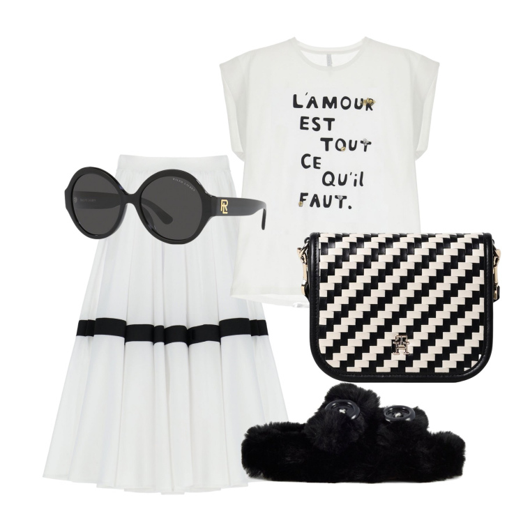 Outfit donna - Ghost outfitter - agosto. Stile Trendy per Tutti i giorni. Abbinamento con gonne lunghe, maglieria, occhiali da sole, ciabatte, borse a tracolla.