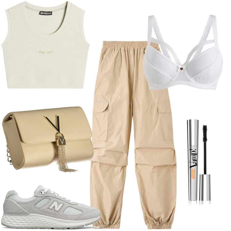Outfit donna - In città con la borsa a tracolla. Stile Basic per Tutti i giorni. look ideale per Petite. Abbinamento con reggiseni, mascara, pantaloni, sneakers, top, borse a tracolla.