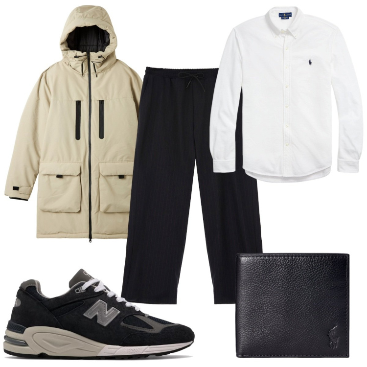 Outfit uomo - Total look #1936178. Stile Trendy per Tutti i giorni. Abbinamento con parka, sneakers, pantaloni, camicie, portafogli.