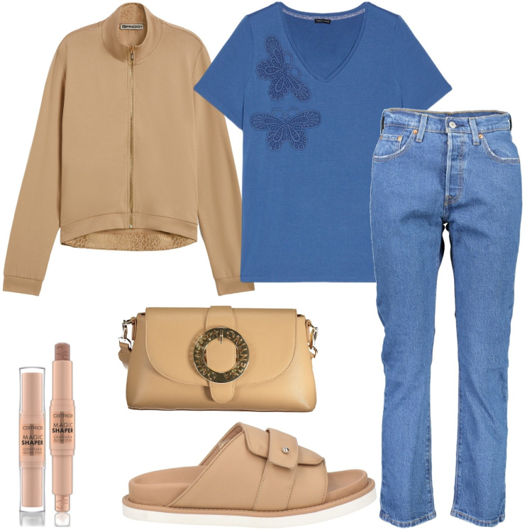 Outfit donna - Semplice in jeans. Stile Casual per Tutti i giorni. look ideale per Petite. Abbinamento con sandali in pelle, terre, felpe, t-shirt, jeans, borse a spalla.