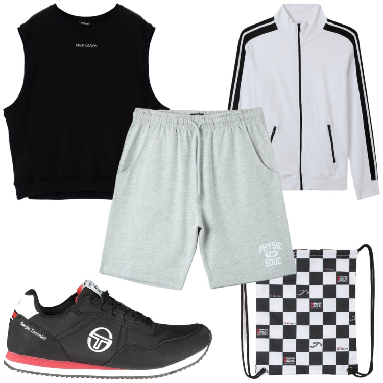 Outfit uomo - Total look #1936182. Stile Trendy per Sport. Abbinamento con borse sportive, pantaloni corti, giacche sportive, felpe, scarpe sportive.
