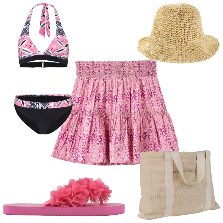 Outfit donna - Total look #1936192. Stile Trendy per Mare. Abbinamento con cappelli, bikini, gonne, shopping bag, infradito.