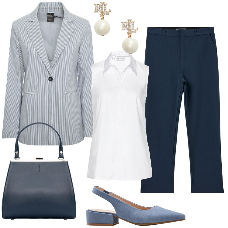 Outfit donna - Metto sempre la giacca in ufficio. Stile Casual chic per Ufficio. Abbinamento con décolleté, camicie, pantaloni chino, orecchini, clutch, blazer.