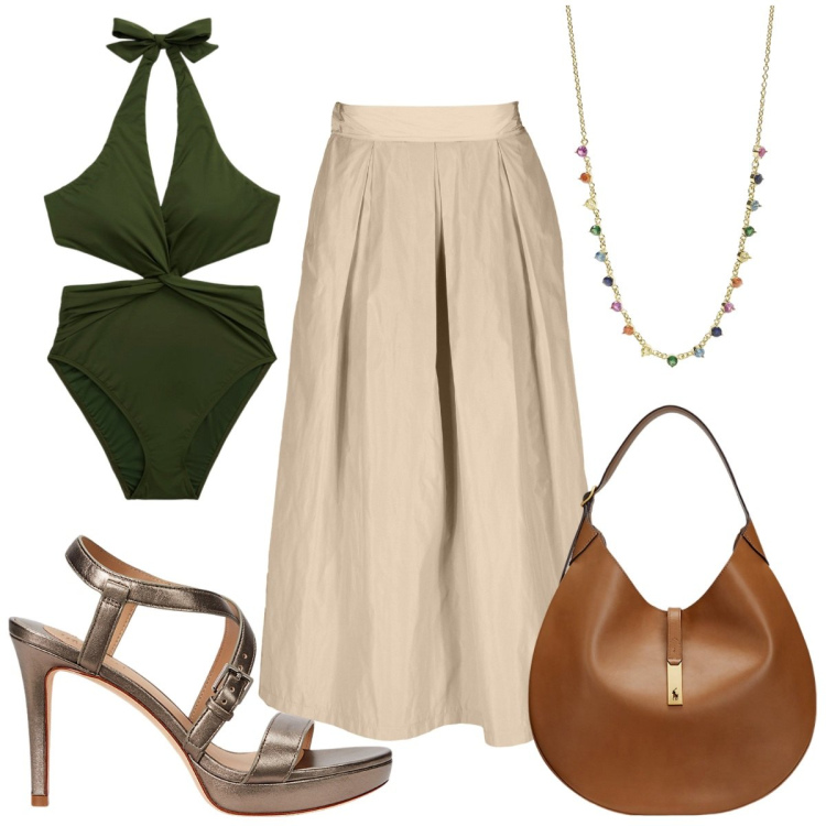 Outfit donna - Total look #1936232. Stile Trendy per Mare. Abbinamento con collane, borse a spalla, costumi, sandali in pelle, gonne.