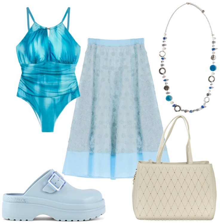 Outfit donna - Total look #1936235. Stile Trendy per Mare. Abbinamento con gonne lunghe, zoccoli, costumi interi, ciondoli, borse a spalla.