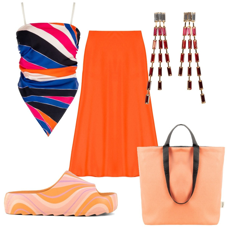Outfit donna - Total look #1936237. Stile Trendy per Mare. Abbinamento con orecchini, borse tote, costumi interi, gonne longuette, ciabatte.