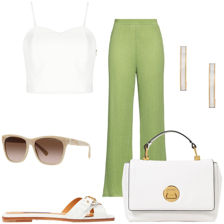 Outfit donna - Estate elegante. Stile Glamour per Tutti i giorni. Abbinamento con pantaloni, top, occhiali da sole, sandali col tacco, orecchini, borse a tracolla.