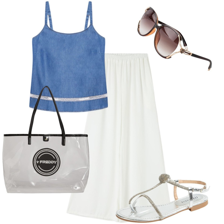 Outfit donna - Le infradito gioiello. Stile Casual chic per Tutti i giorni. Abbinamento con occhiali da sole, pantaloni, ciabatte, shopping bag, top.
