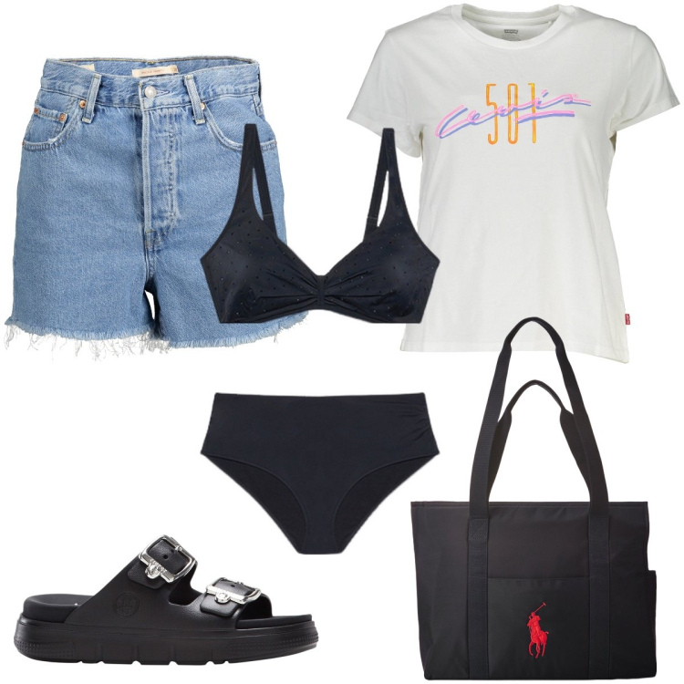 Outfit donna - Weekend al mare. Stile Casual chic per Mare. Abbinamento con ciabatte, borse tote, t-shirt, jeans, bikini.