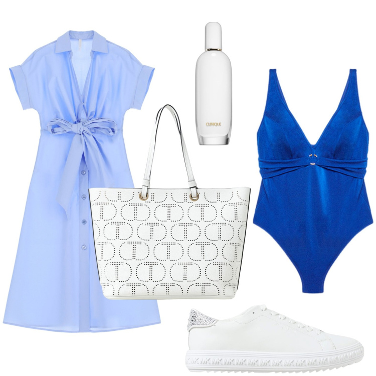 Outfit donna - Un tuffo nel blu. Stile Basic per Mare. look ideale per Petite. Abbinamento con profumi, vestiti midi/longuette, sneakers, costumi interi, borse tote.