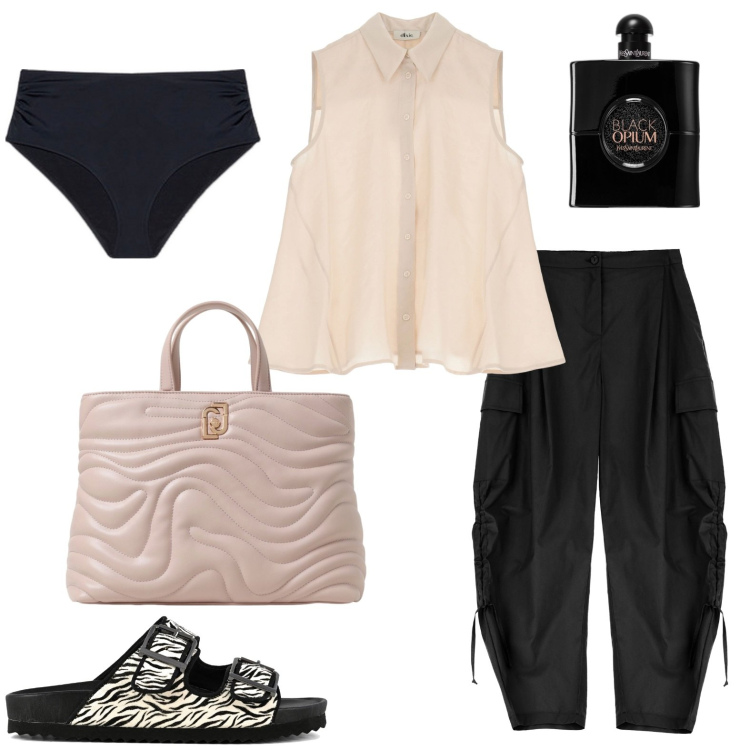Outfit donna - La blusa a trapezio. Stile Basic per Tutti i giorni. look ideale per Petite. Abbinamento con profumi, pantaloni cargo, camicie, sandali, culotte, borse a mano.