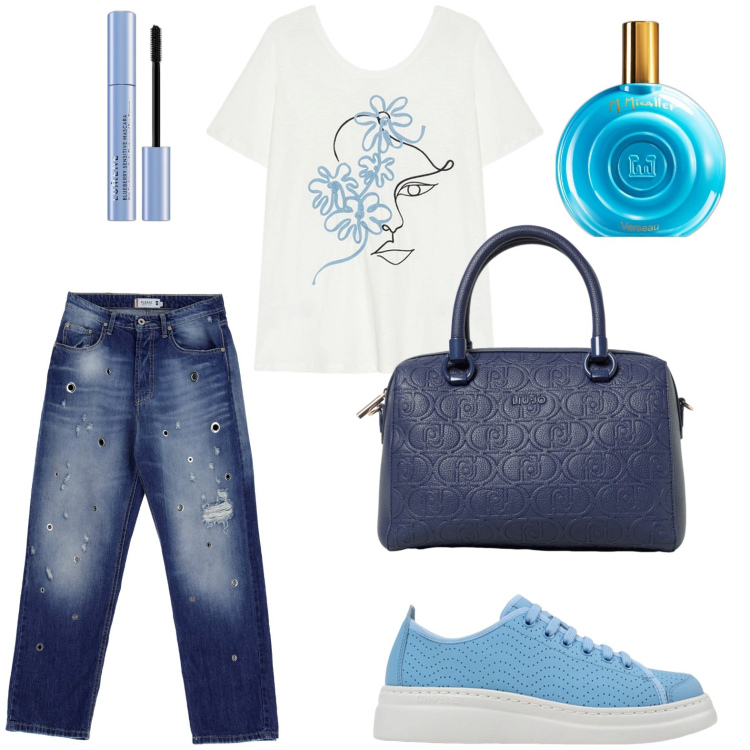 Outfit donna - Tonalità di blu. Stile Basic per Tutti i giorni. look ideale per Petite. Abbinamento con profumi, mascara, jeans dritti, t-shirt, sneakers, borse a mano.