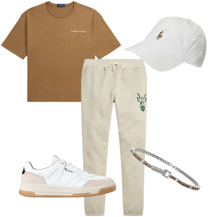 Outfit uomo - Camminata veloce. Stile Casual per Sport. Abbinamento con braccialetti, cappelli, pantaloni, t-shirt, sneakers.