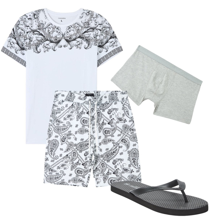 Outfit uomo - Terranova style. Stile Casual per Tutti i giorni. Abbinamento con t-shirt, bermuda, sandali, boxer.
