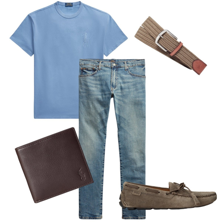Outfit uomo - Ralph Lauren style. Stile Urban per Ufficio. Abbinamento con scarpe stringate, jeans, portafogli, cinture, t-shirt.