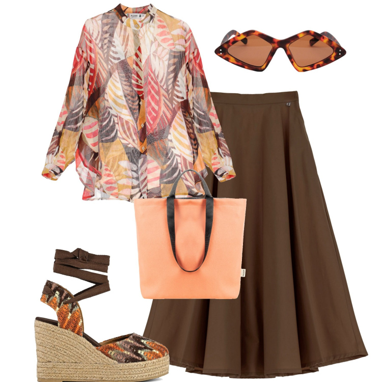 Outfit donna - City. Stile Casual chic per Tutti i giorni. Abbinamento con borse tote, camicie, gonne lunghe, occhiali da sole, sandali col tacco.