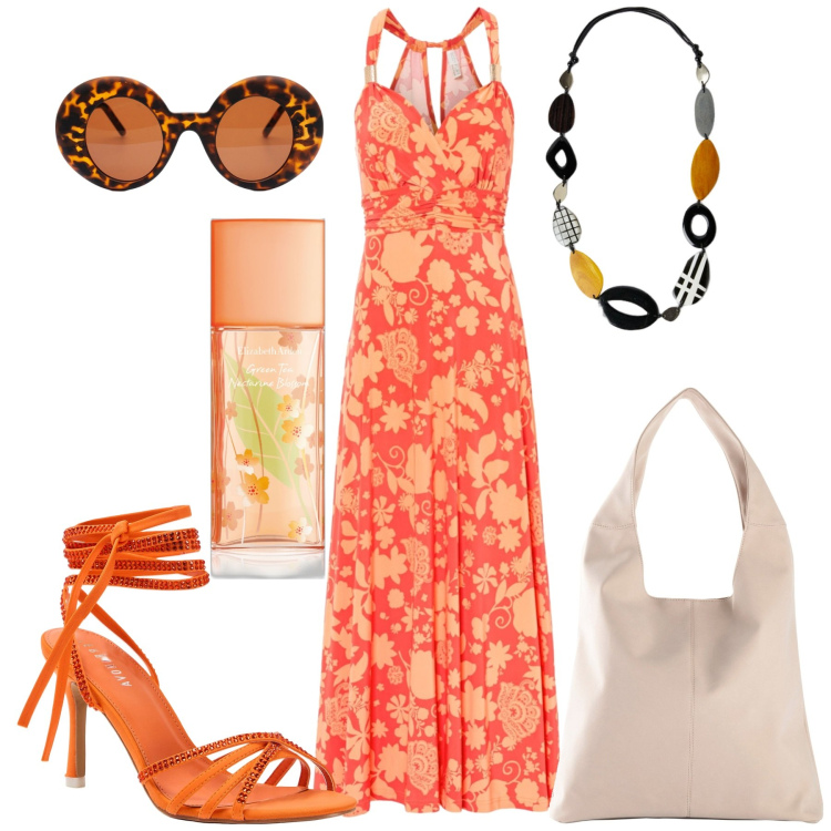 Outfit donna - Arancio vitamina. Stile Trendy per Tutti i giorni. Abbinamento con vestiti lunghi, shopping bag, profumi, sandali alla schiava, collane, occhiali da sole.