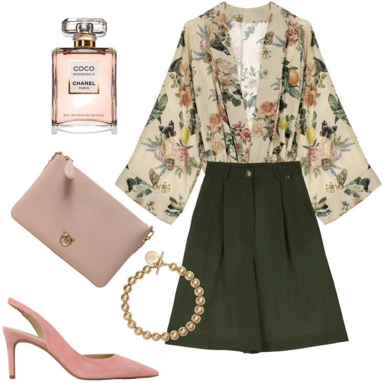 Outfit donna - Florance. Stile Chic per Serata fuori. Abbinamento con profumi, cardigans, braccialetti, bermuda, scarpe col tacco, pochette.